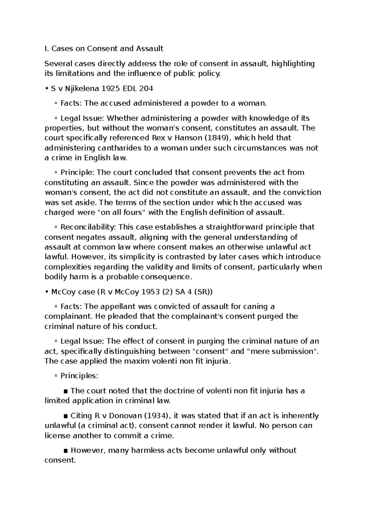 NO6 - Summary of Consent in Assault and Euthanasia Cases - Studocu