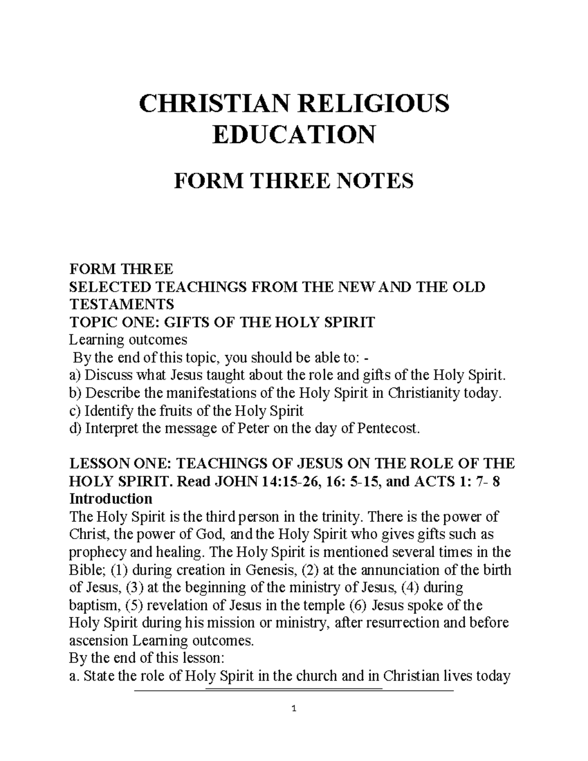FORM 3 CRE NOTES: GIFTS OF THE HOLY SPIRIT AND TEACHINGS OF JESUS - Studocu
