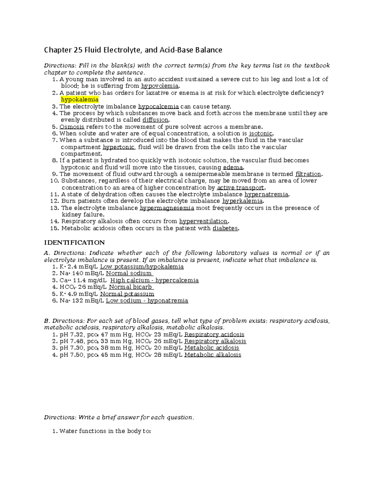 Chapter 25: Fluid Electrolyte and Acid-Base Balance Notes - Studocu