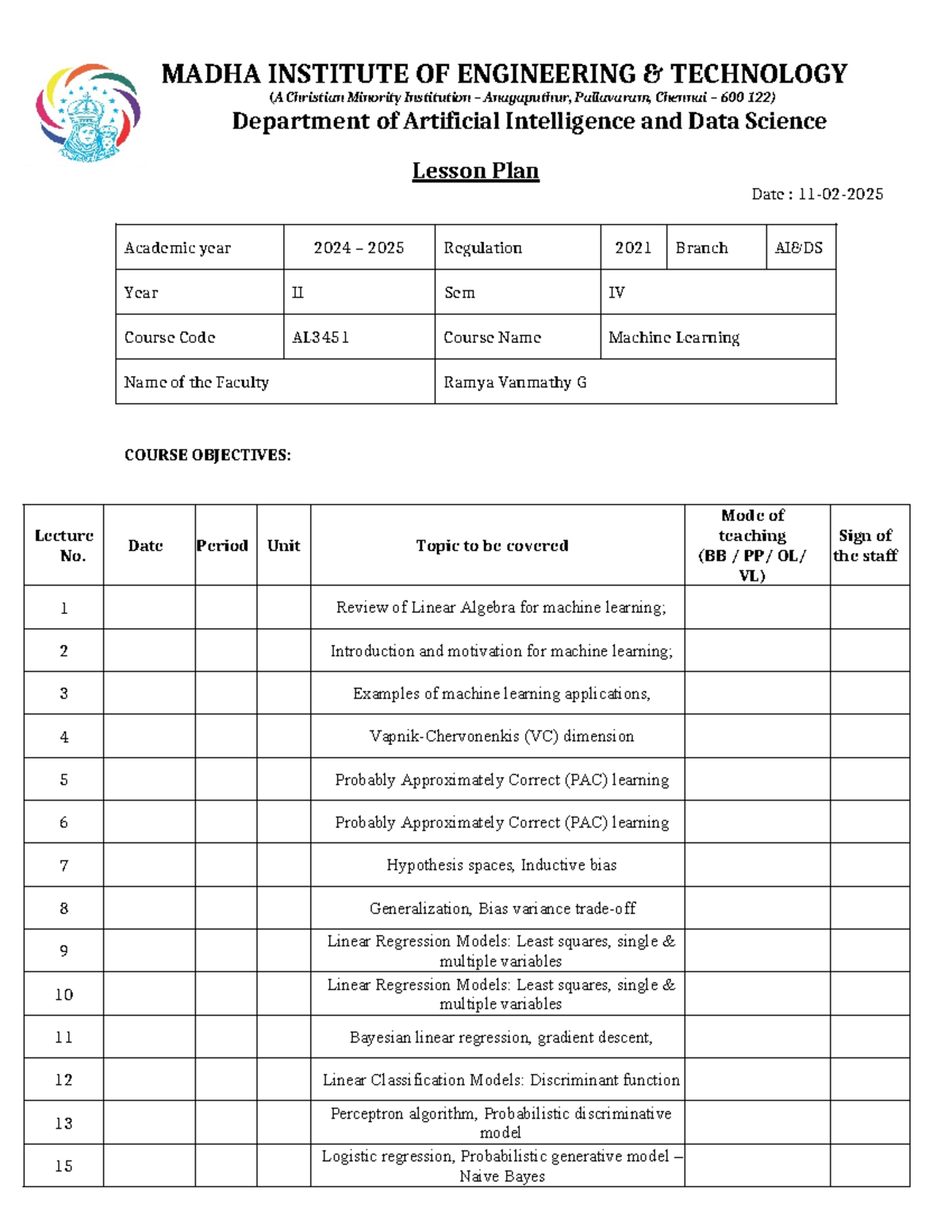 AL3451 Machine Learning Lesson Plan for Academic Year 2024-2025 - Studocu