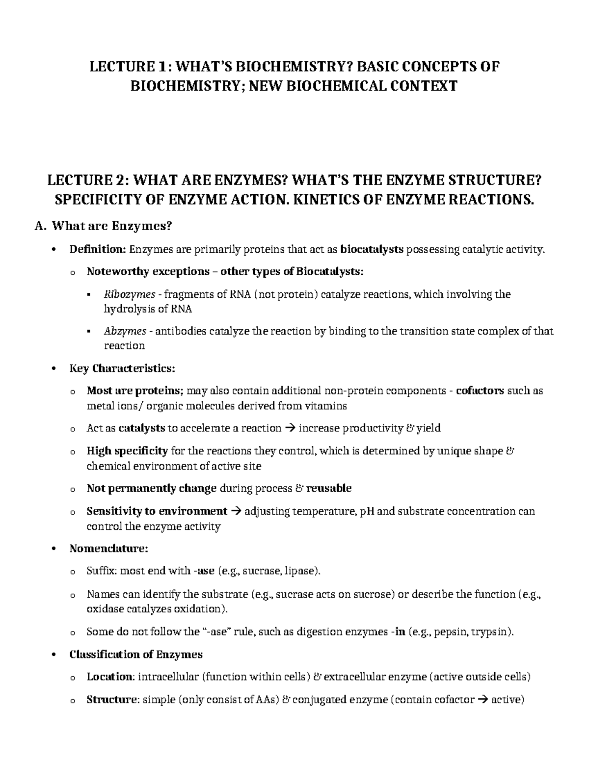 Study Guide: Enzymology (BIOC 101) - Key Concepts and Kinetics - Studocu