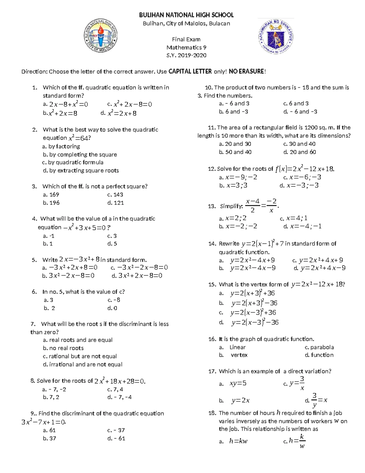 Mathematics 9 - 2nd Periodical Test (S. 2018) Multiple Choice Questions ...