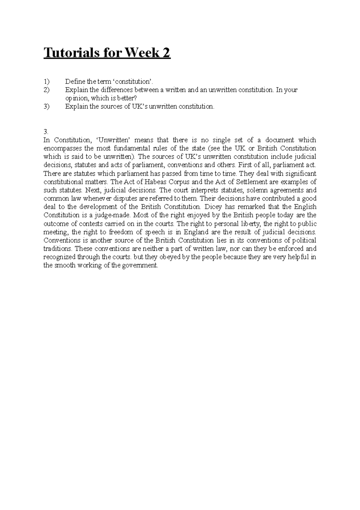 Constitutional Law II Tutorial 1 Week 2 Q3: Unwritten Constitution ...