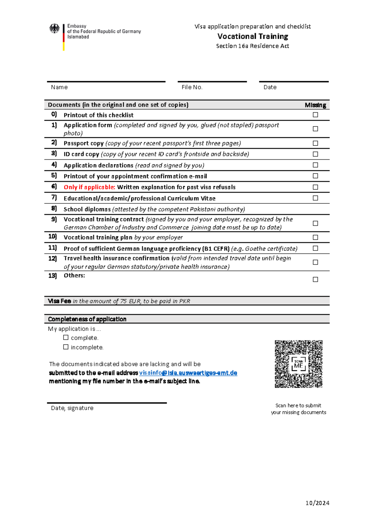 Visa Application Checklist for Vocational Training (Section 16a) - Studocu