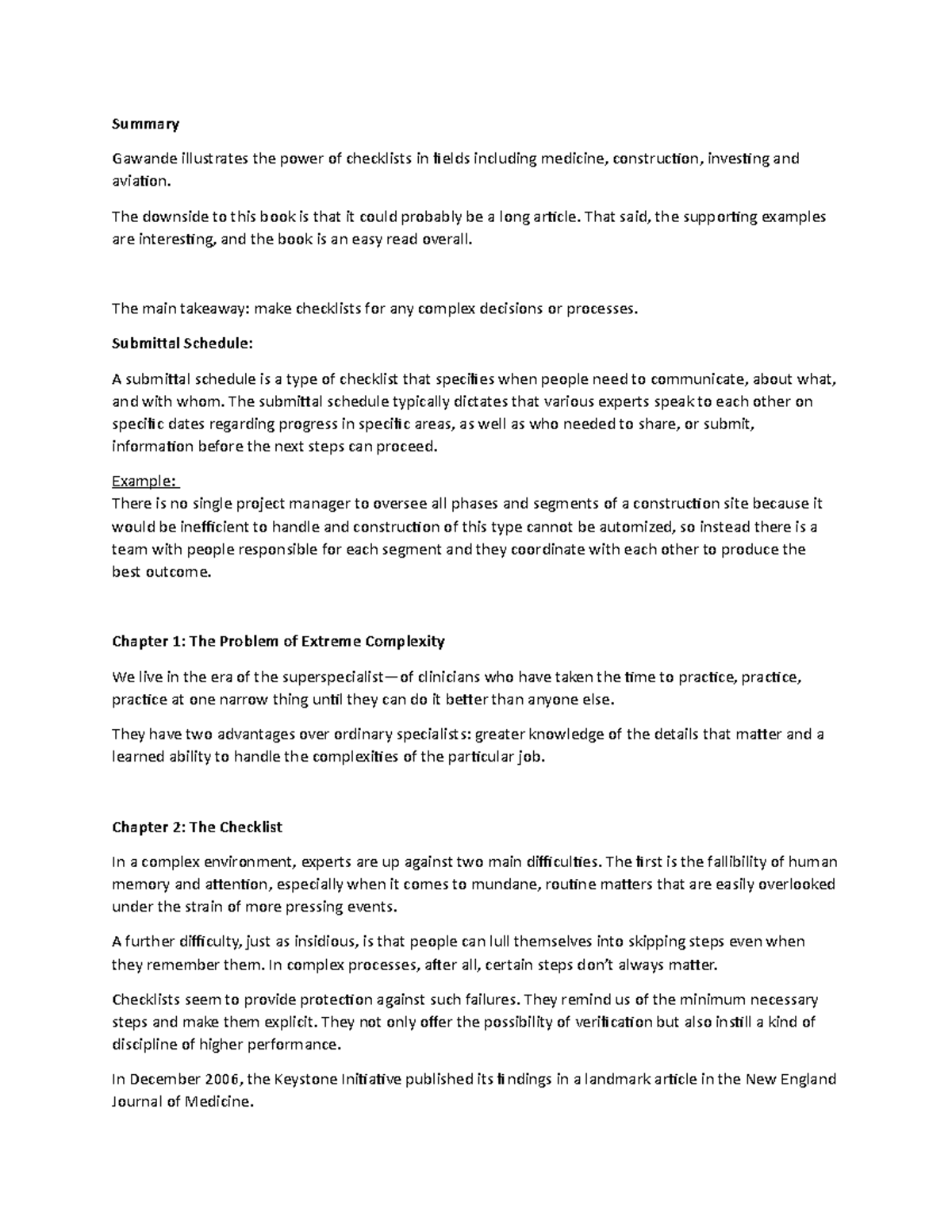 The Checklist Manifesto (MD 101) Summary and Key Takeaways - Studocu