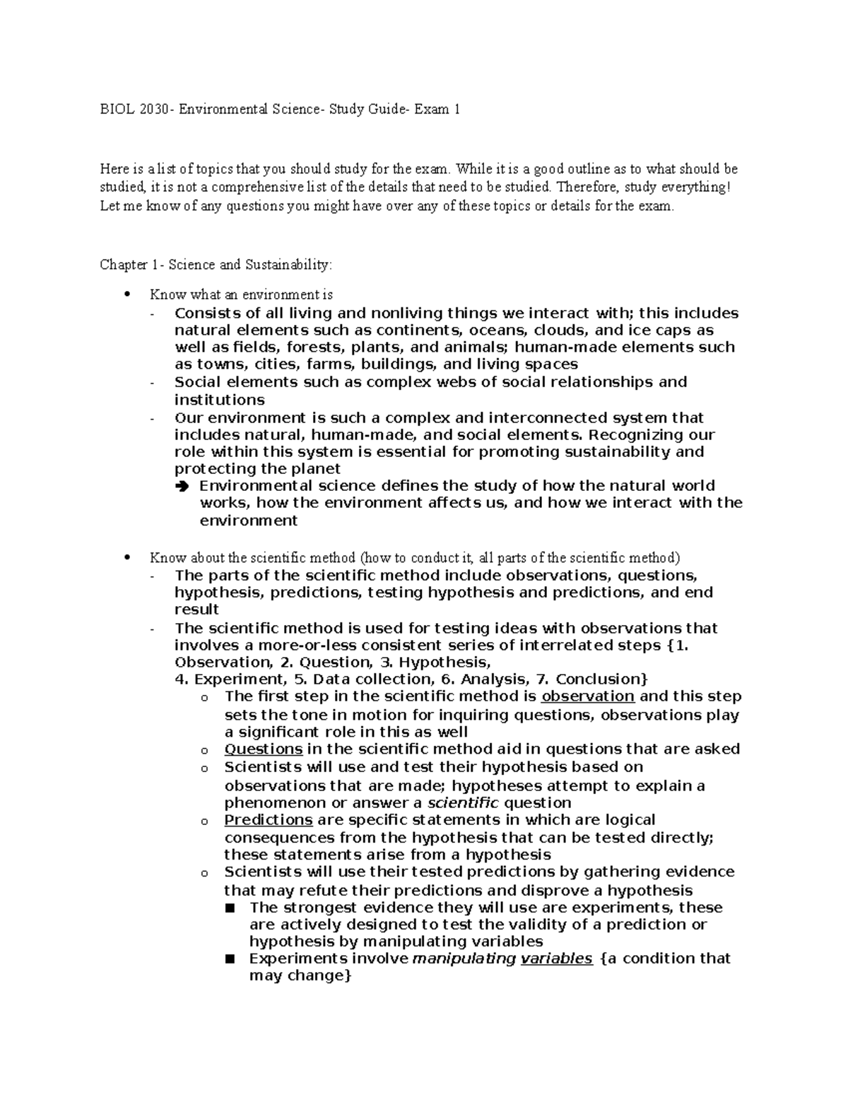 BIOL 2030 - Environmental Science: Exam 1 Study Guide - BIOL 2030 ...