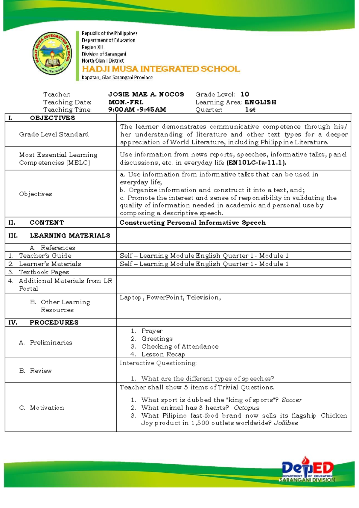 English 10-Q1-W1D3 - Informative Speech Lesson Plan - Studocu