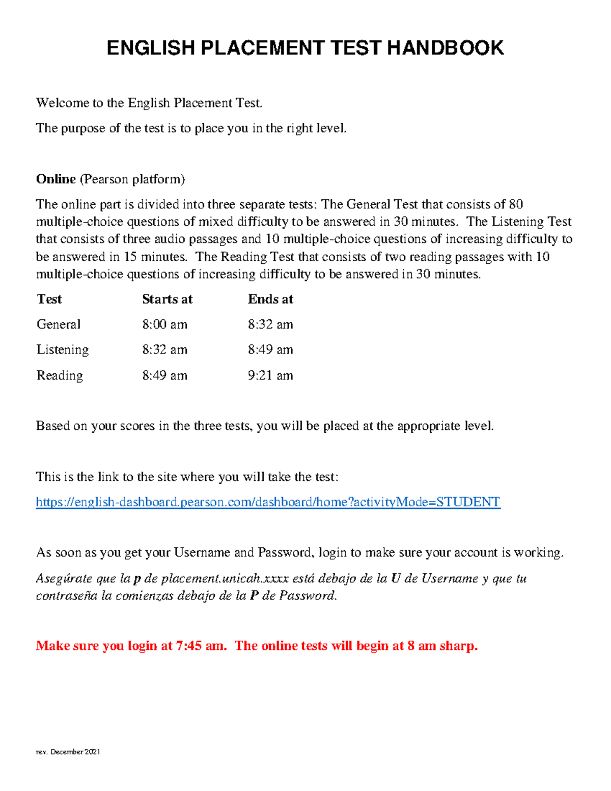 English Placement Test Handbook - December 2021 Guidelines - Studocu