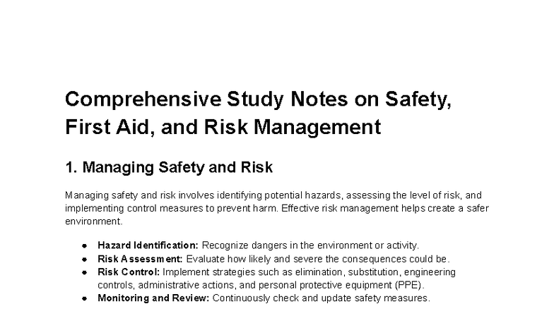 Comprehensive Study Notes on Safety, First Aid, and Risk Management ...