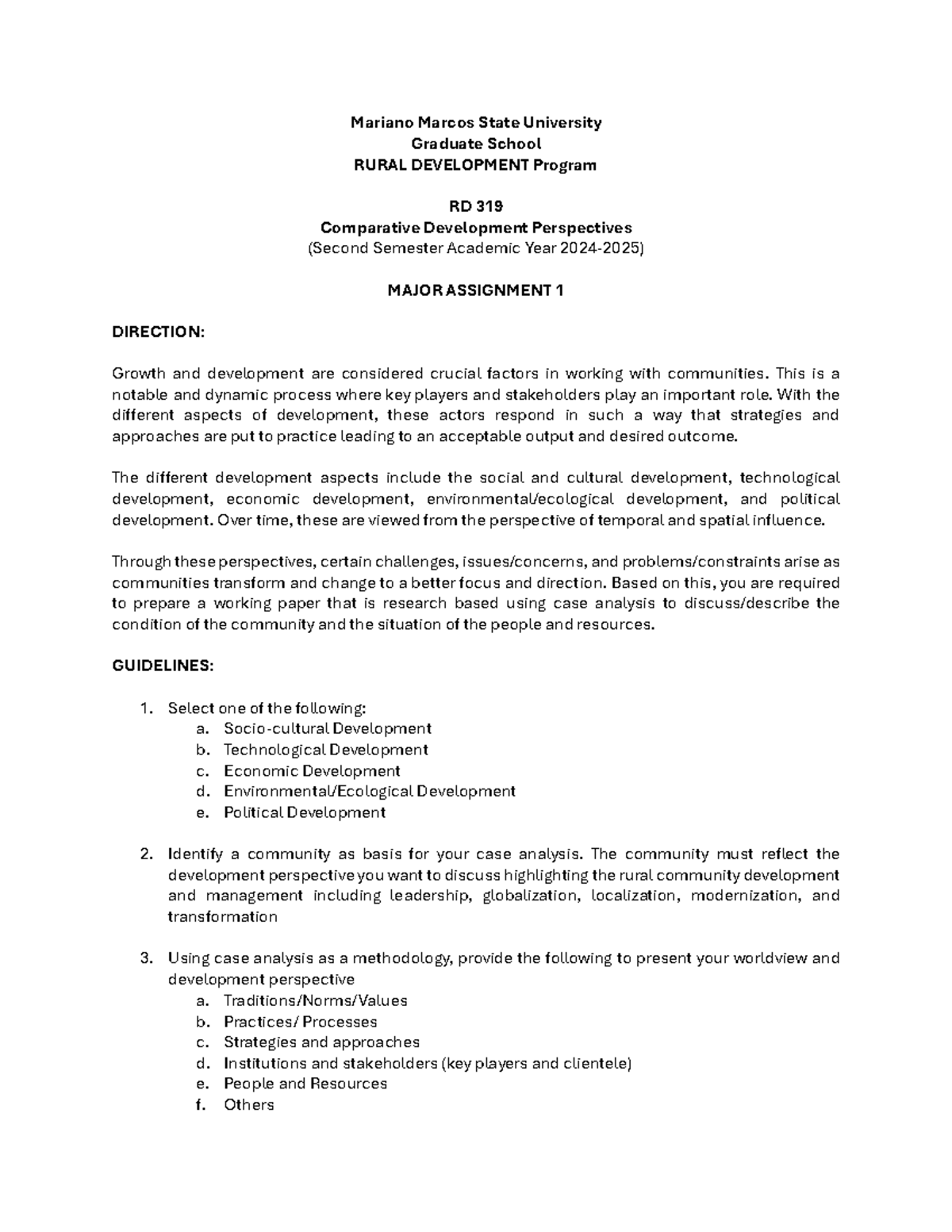 RD 319 Major Assignment: Comparative Development Perspectives Analysis ...