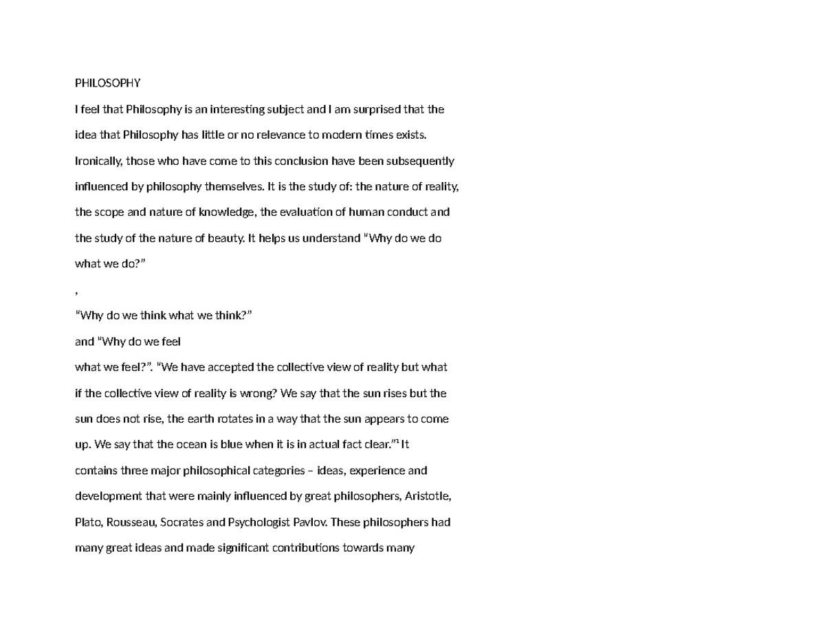 PHIL 101: Lecture Notes on the Relevance of Philosophy Today - Studocu