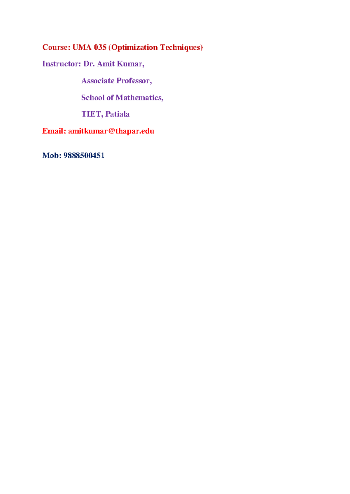 UMA 035 Optimization Techniques Lecture 2: LPP & NLPP Applications ...