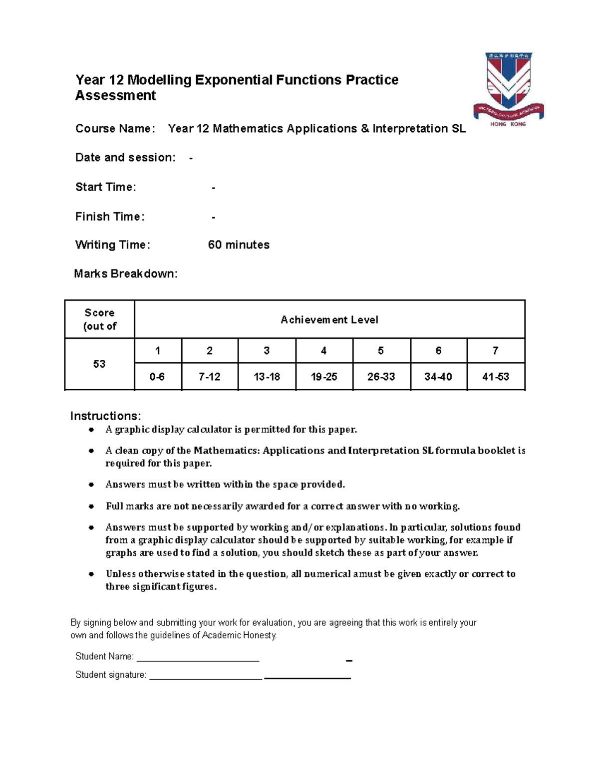 Year 12 Mathematics Applications SL: Exponential Functions Practice ...