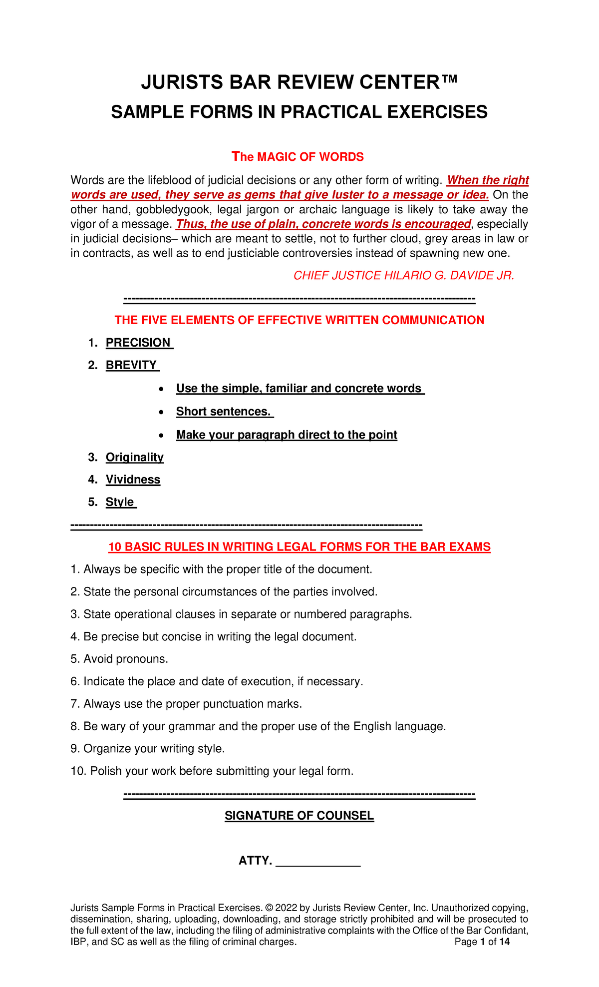 Jurists BAR Review: Sample Legal Forms for Practical Exercises - Studocu