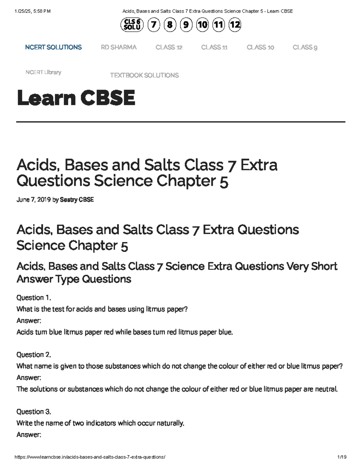 Acids, Bases and Salts Class 7 Extra Questions - Chapter 5 - Studocu