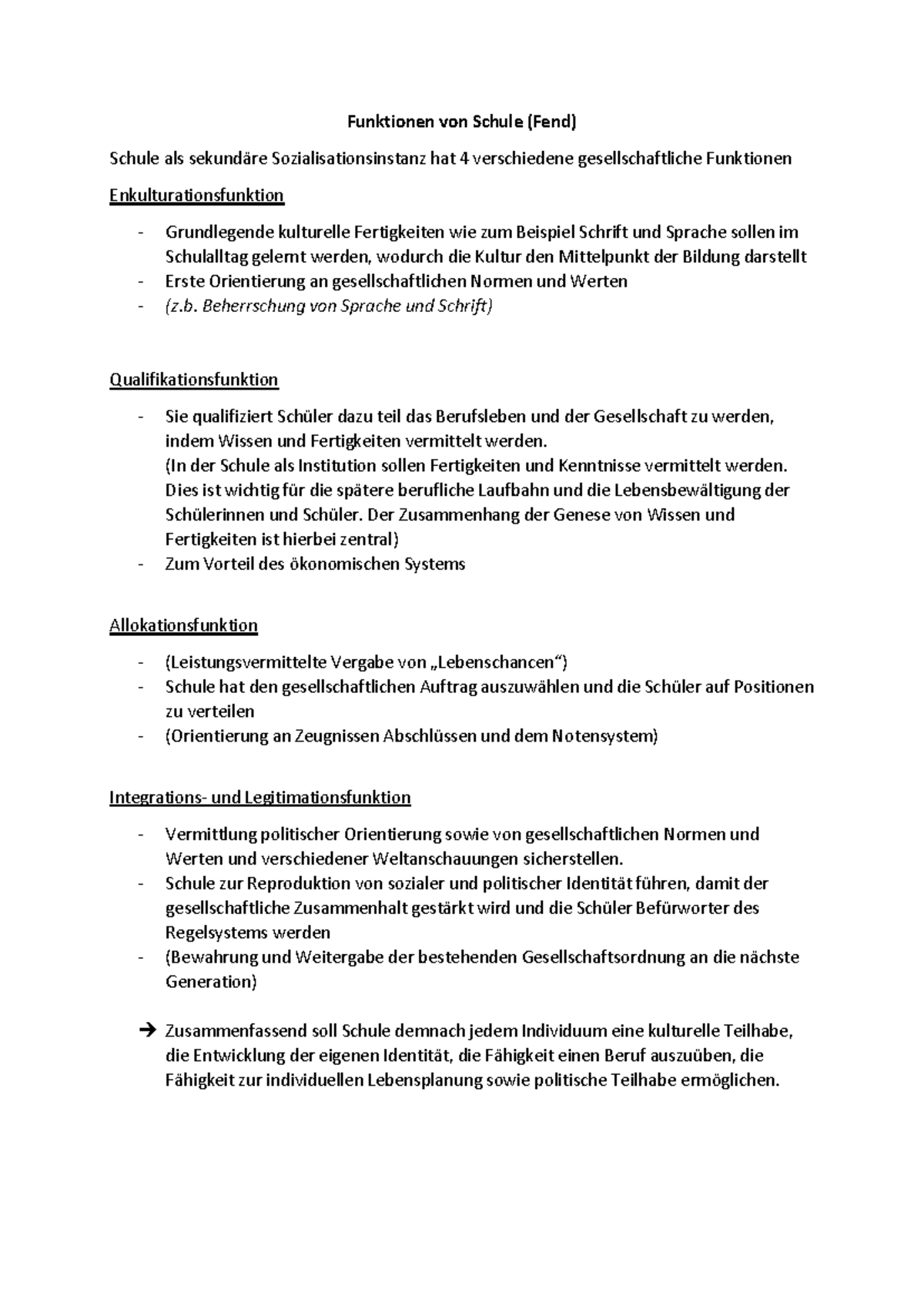 Fend Funktionen Von Schule Fend (Funktionen von Schule) - Funktionen von Schule (Fend) Schule als
