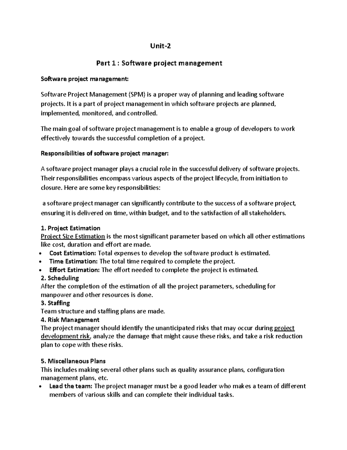 Software Engineering SPM Unit 2: Project Management Essentials - Studocu