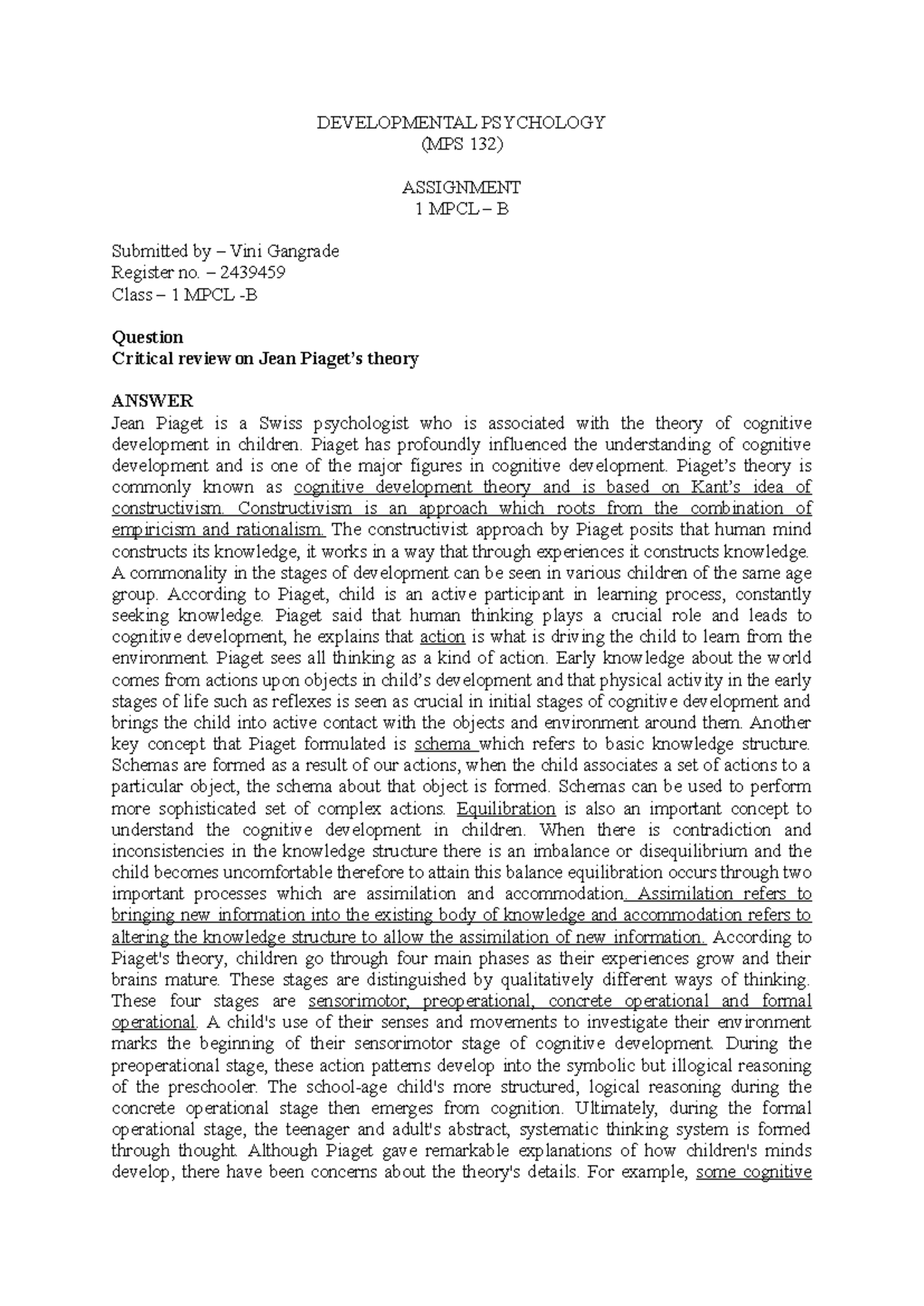 Critical Review of Jean Piaget's Theory (MPS 132) Assignment 1 - Studocu