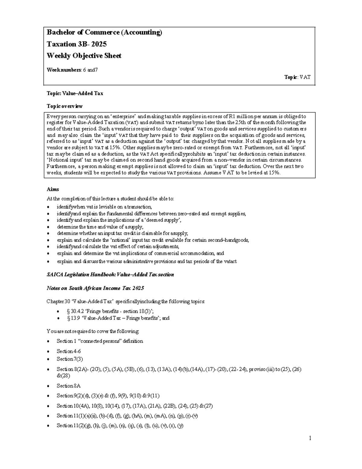 BCom (Accounting) Taxation 2025: Week 6 & 7 VAT Module Notes - Studocu
