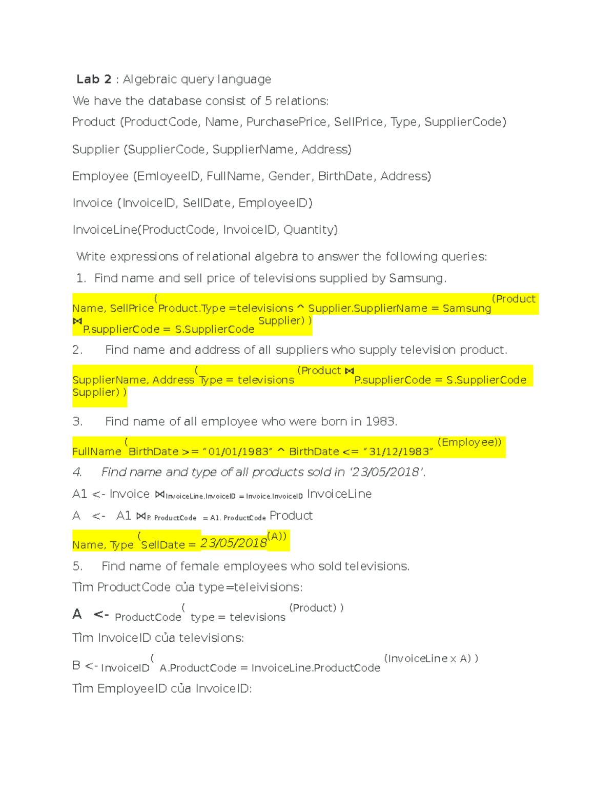 Lab 2 - Relational Algebra Queries for Database Management - Studocu