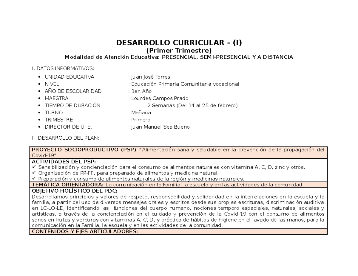 PDC 1RO - plan de clase - DESARROLLO CURRICULAR - (I) (Primer Trimestre ...