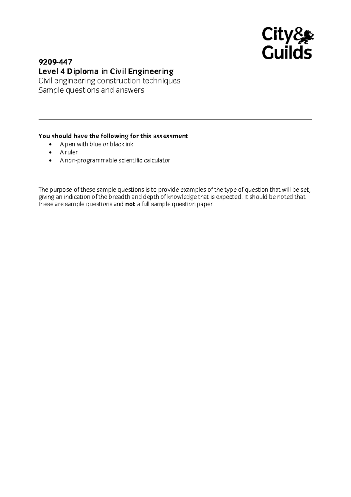 9209-447 Level 4 Diploma Civil Engineering Sample Q&A Guide - Studocu