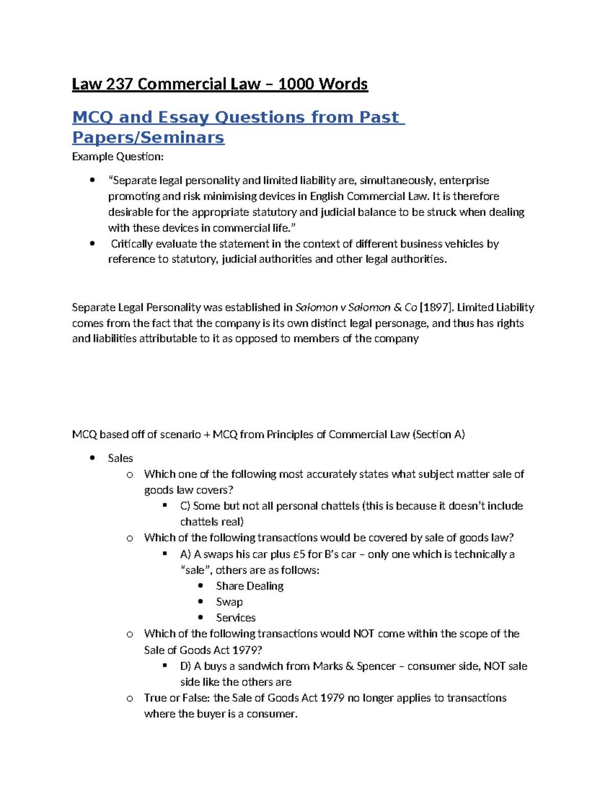 Law 237 Commercial Law - Yearly Notes and Exam Preparation Guide - Studocu