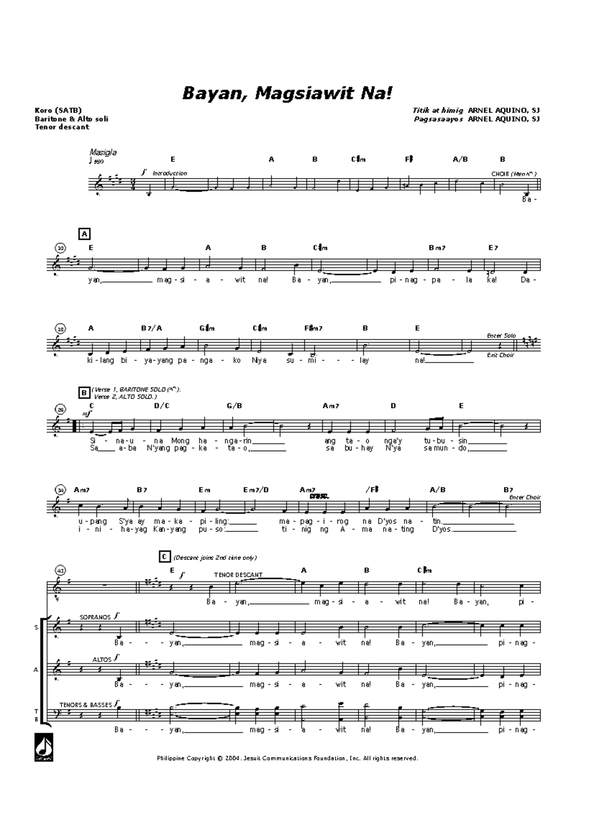 Bayan Umawit SATB - Choral Arrangement and Vocal Parts Guide - Studocu