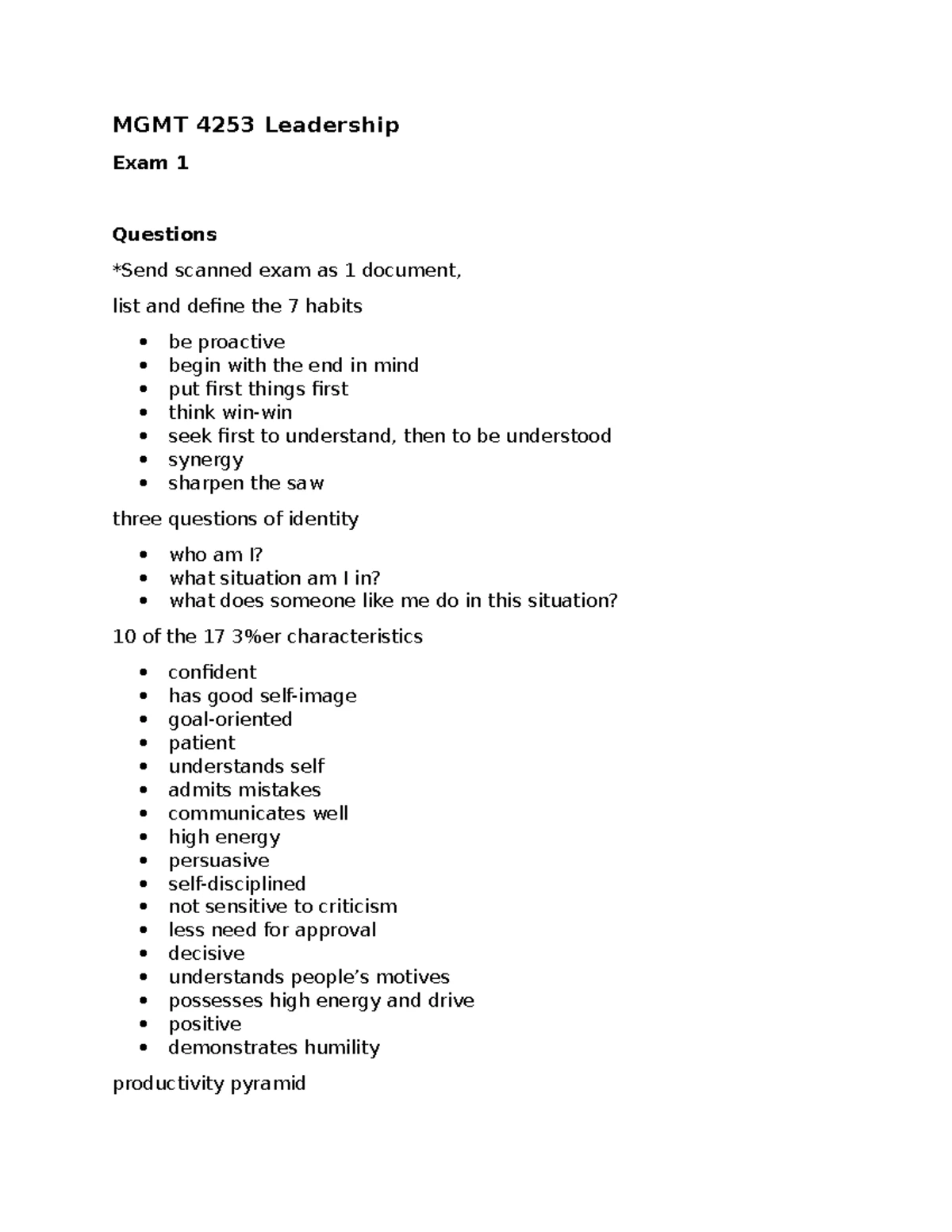 MGMT 4253 Leadership Exam 1 Study Guide: Key Concepts & Topics - Studocu