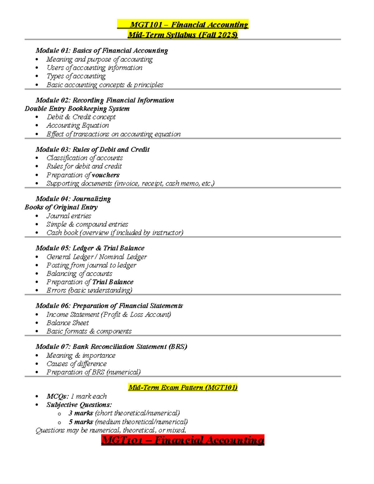 MGT101 Financial Accounting Complete Notes: Modules 1-7 Overview - Studocu