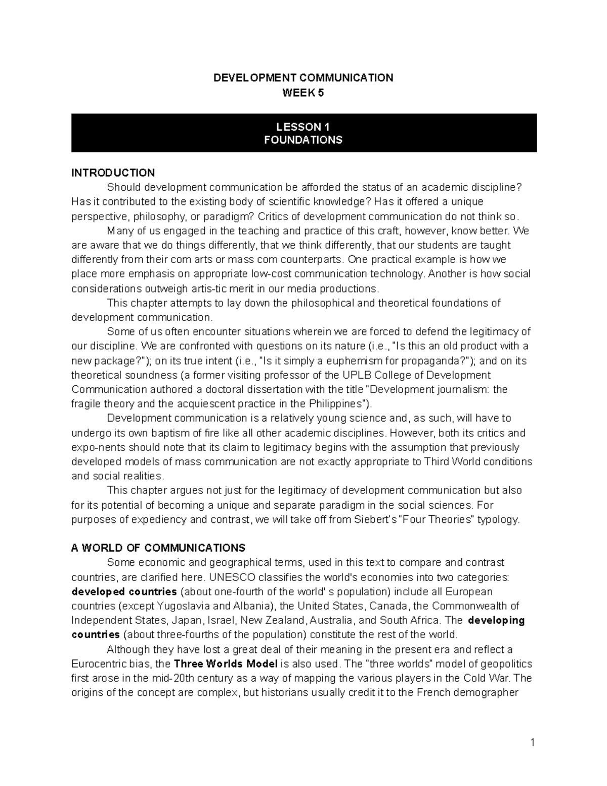 WK5 - Foundations of Development Communication - Lecture Notes - Studocu
