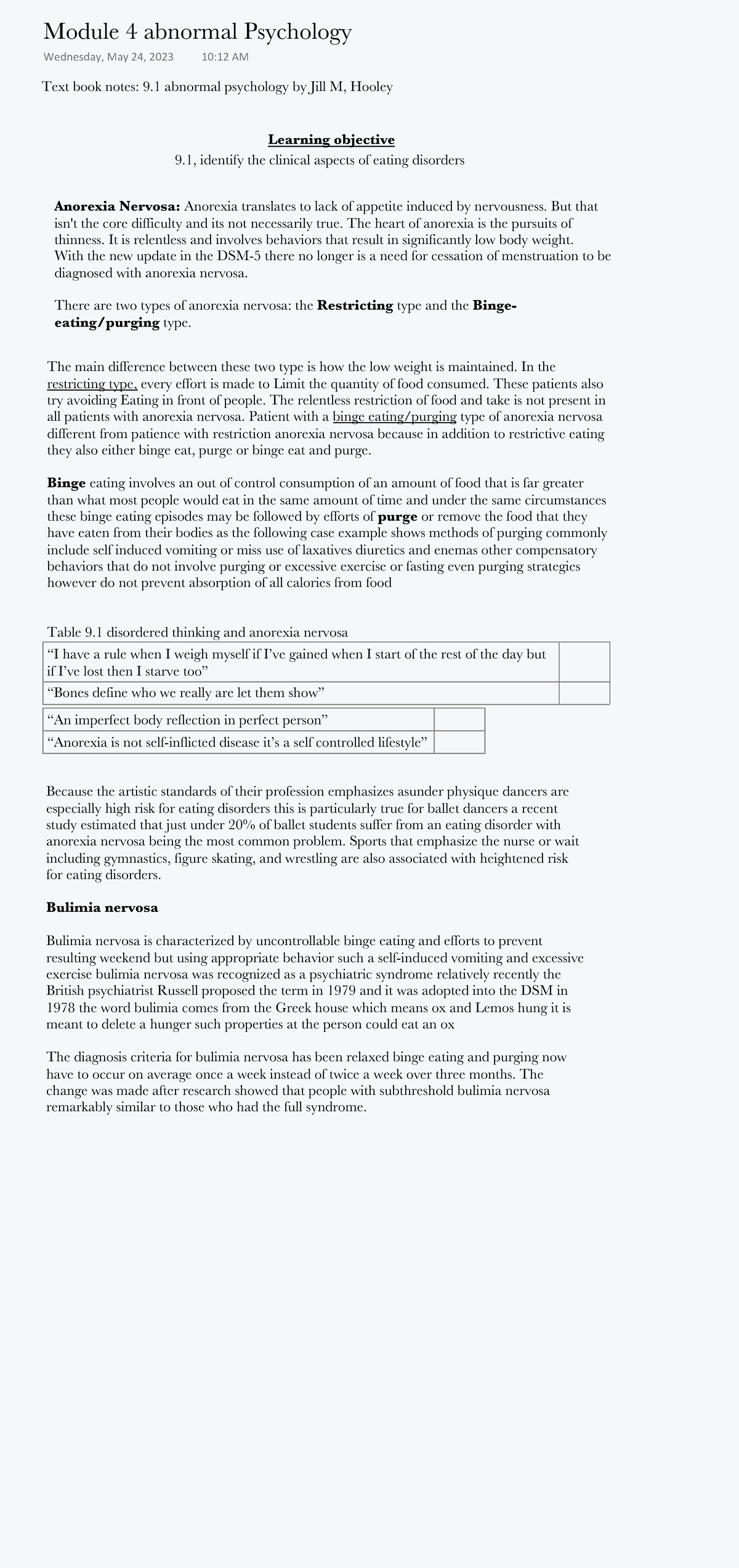 Module 4: Abnormal Psychology Notes on Eating Disorders 9.1 - Studocu