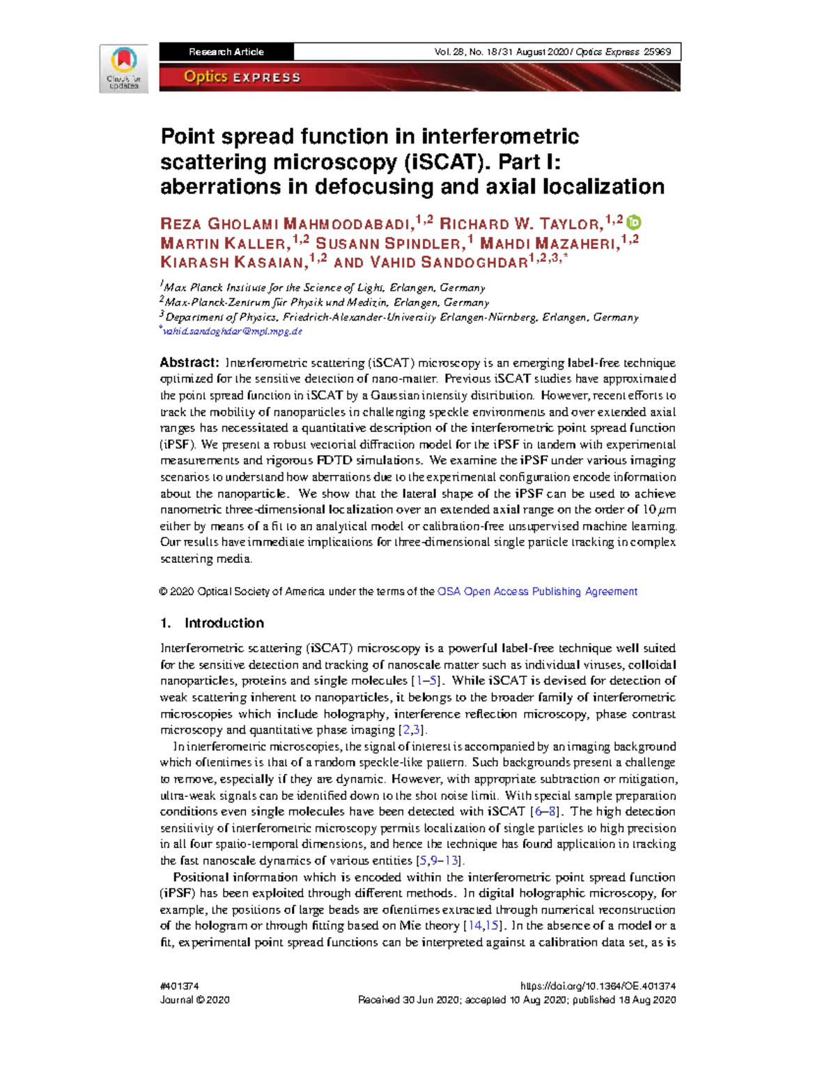 Point Spread Function Analysis in iSCAT Microscopy (Oe 28 18 25969 ...