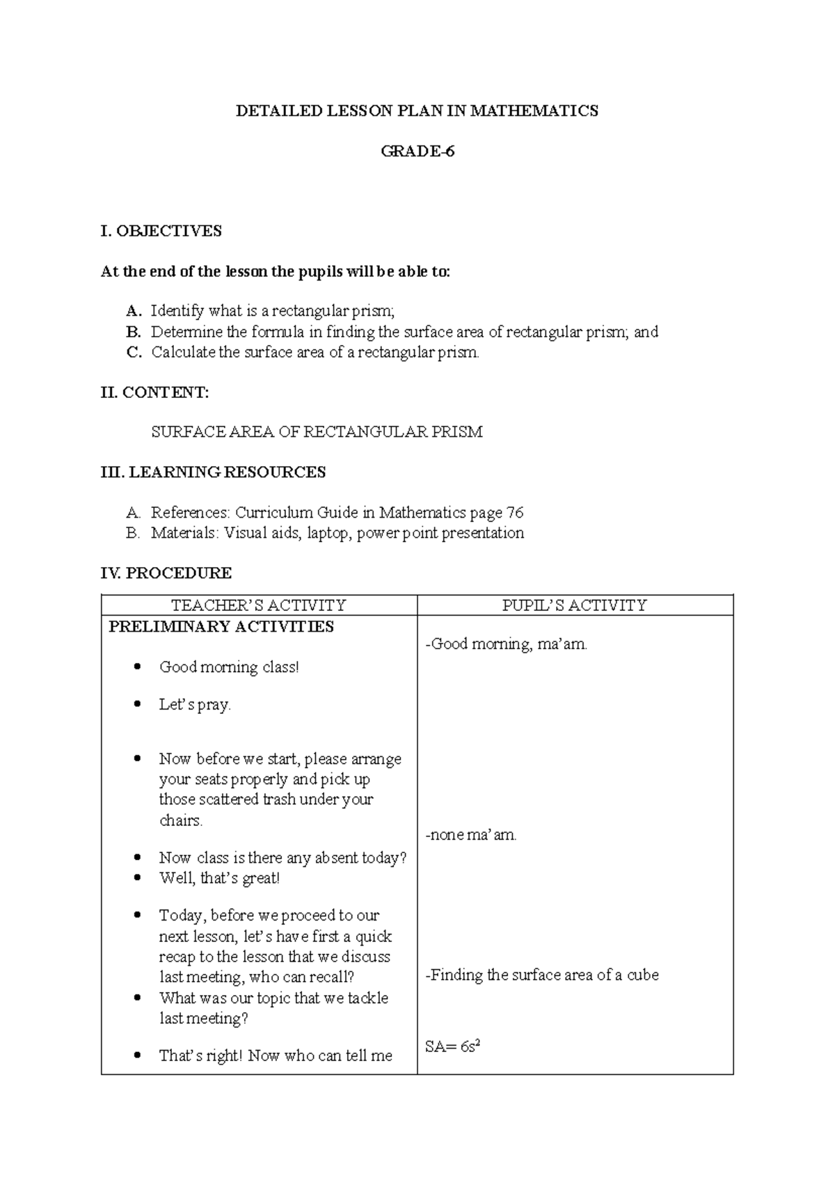 Detailed Lesson Plan in Math 6: Surface Area of Rectangular Prism - Studocu