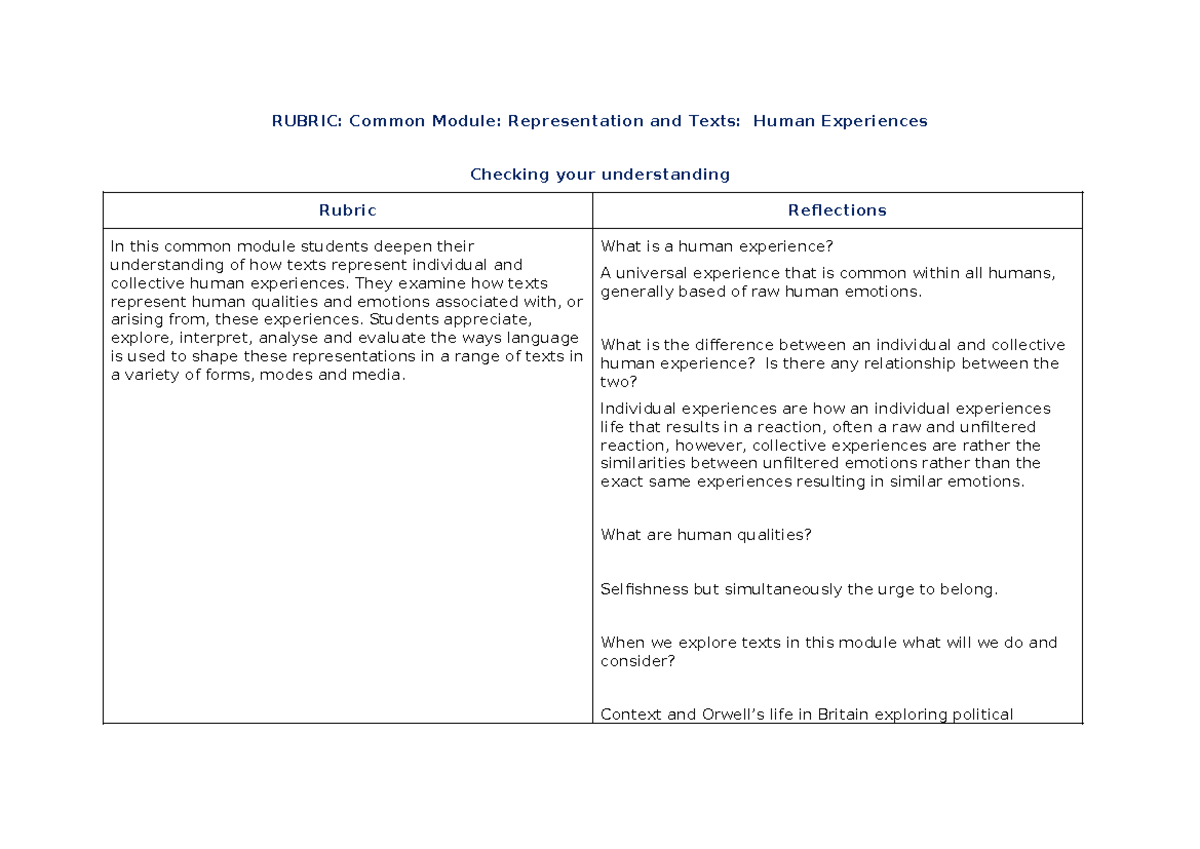 Texts and Human Experiences Rubric - RUBRIC: Common Module ...