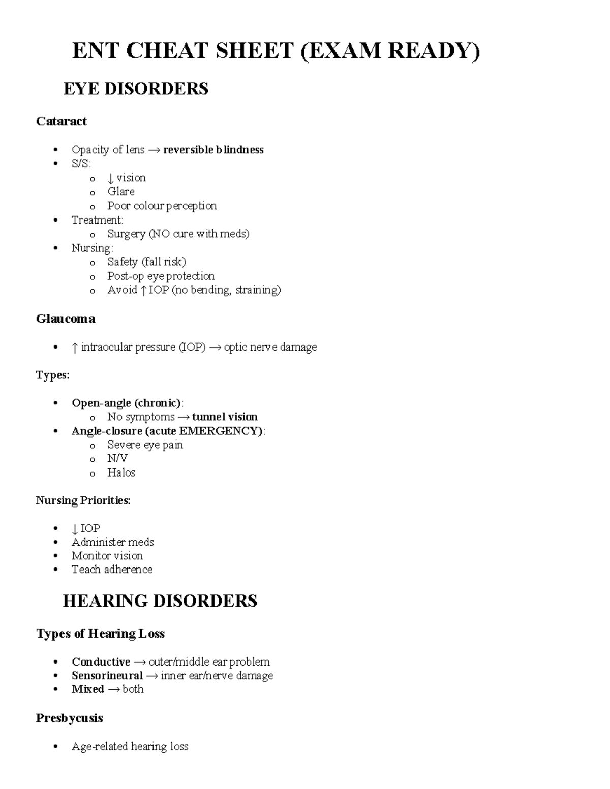 ENT CHEAT SHEET (HH MODULE 13) - EYE & HEARING DISORDERS - Studocu