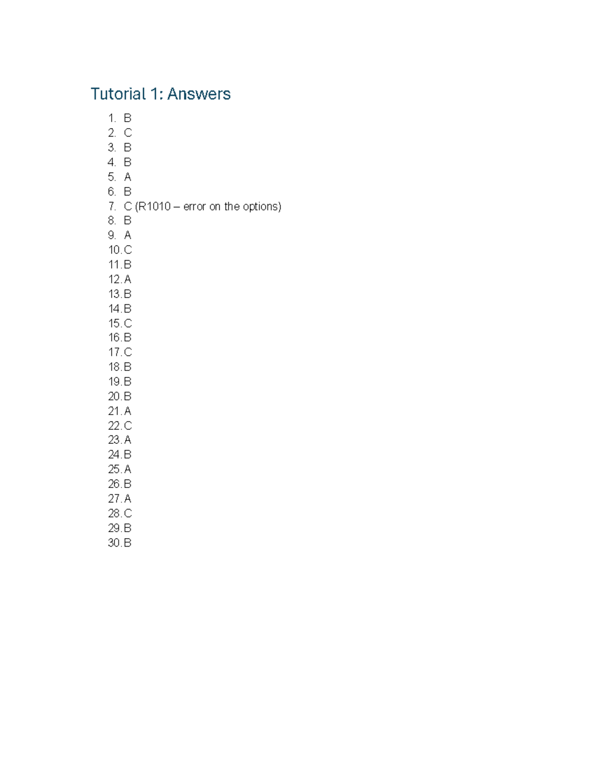 Tutorial 1 Answers - NOTES - B3F17Q - Tutorial 1: Answers 1. B 2. C 3 ...