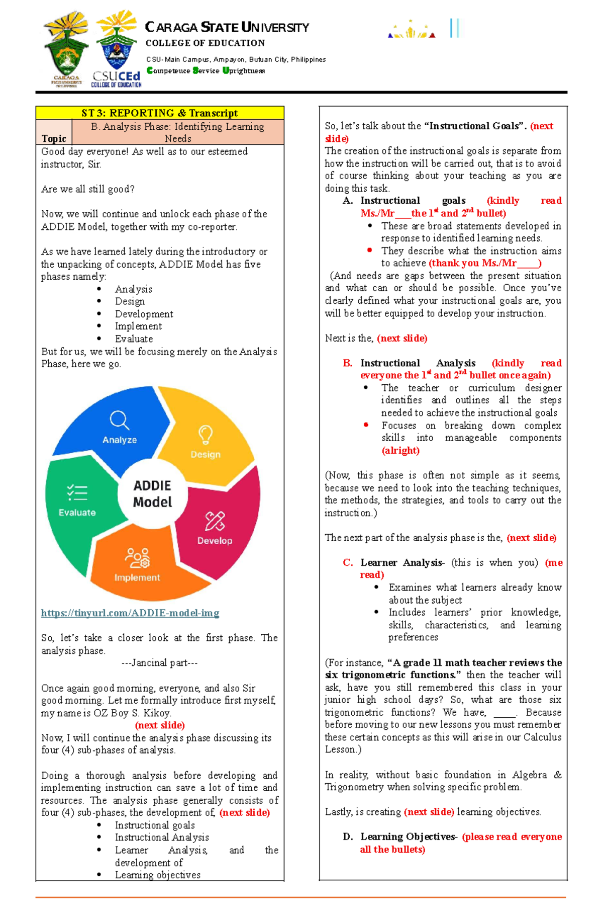 ST 3: Reporting on the Analysis Phase of the ADDIE Model - Studocu