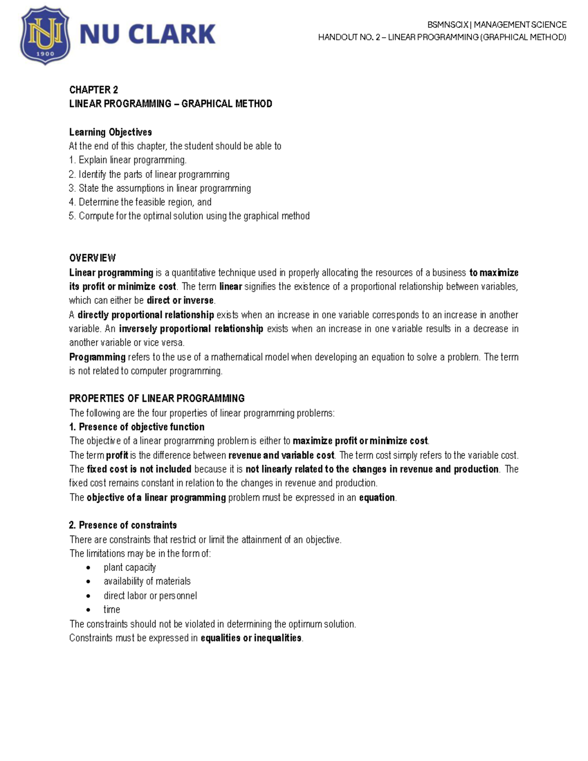 BSMNSCIX MANAGEMENT SCIENCE HANDOUT 2: LINEAR PROGRAMMING GRAPHICAL ...