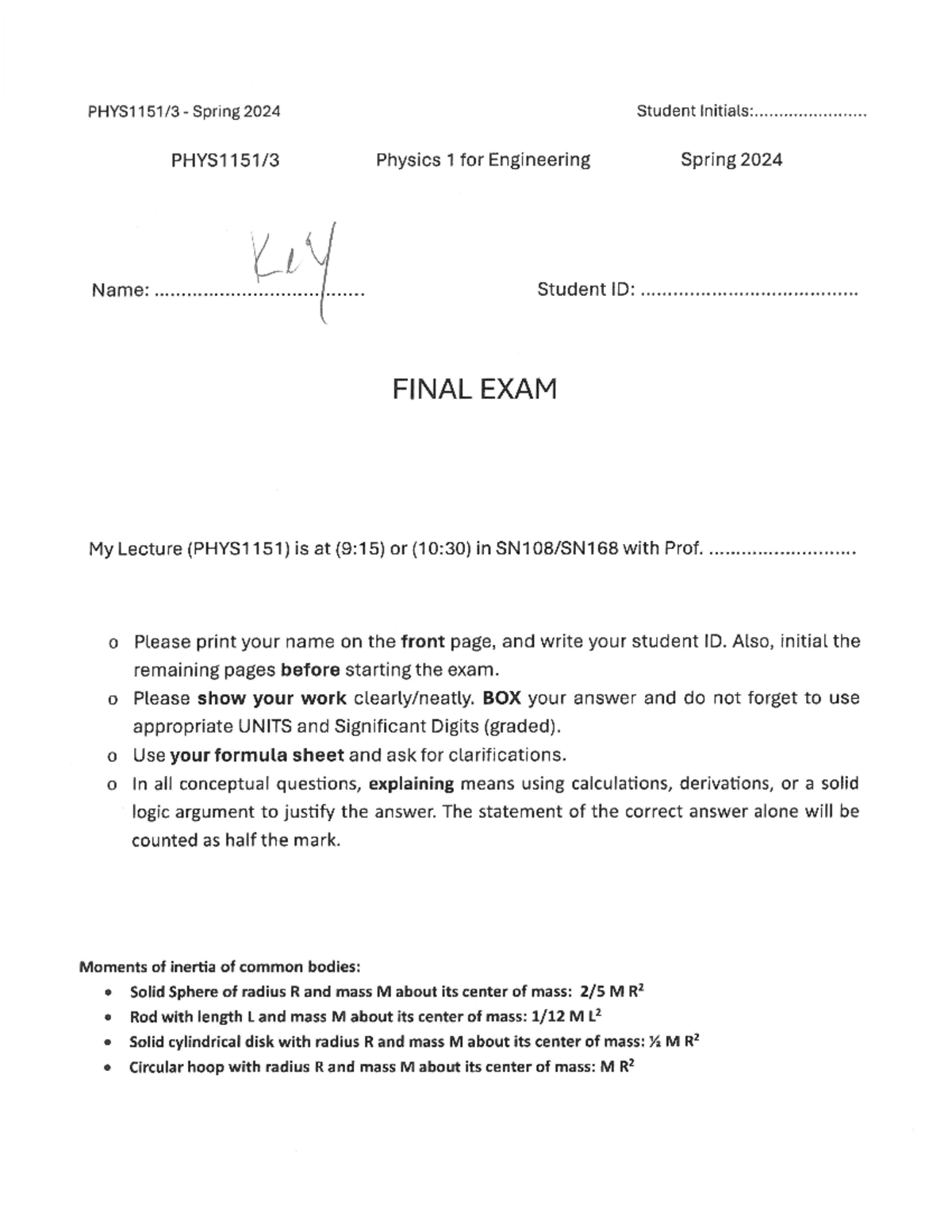 PHYS1151SP24 Final Exam Solutions and Key Concepts - Studocu