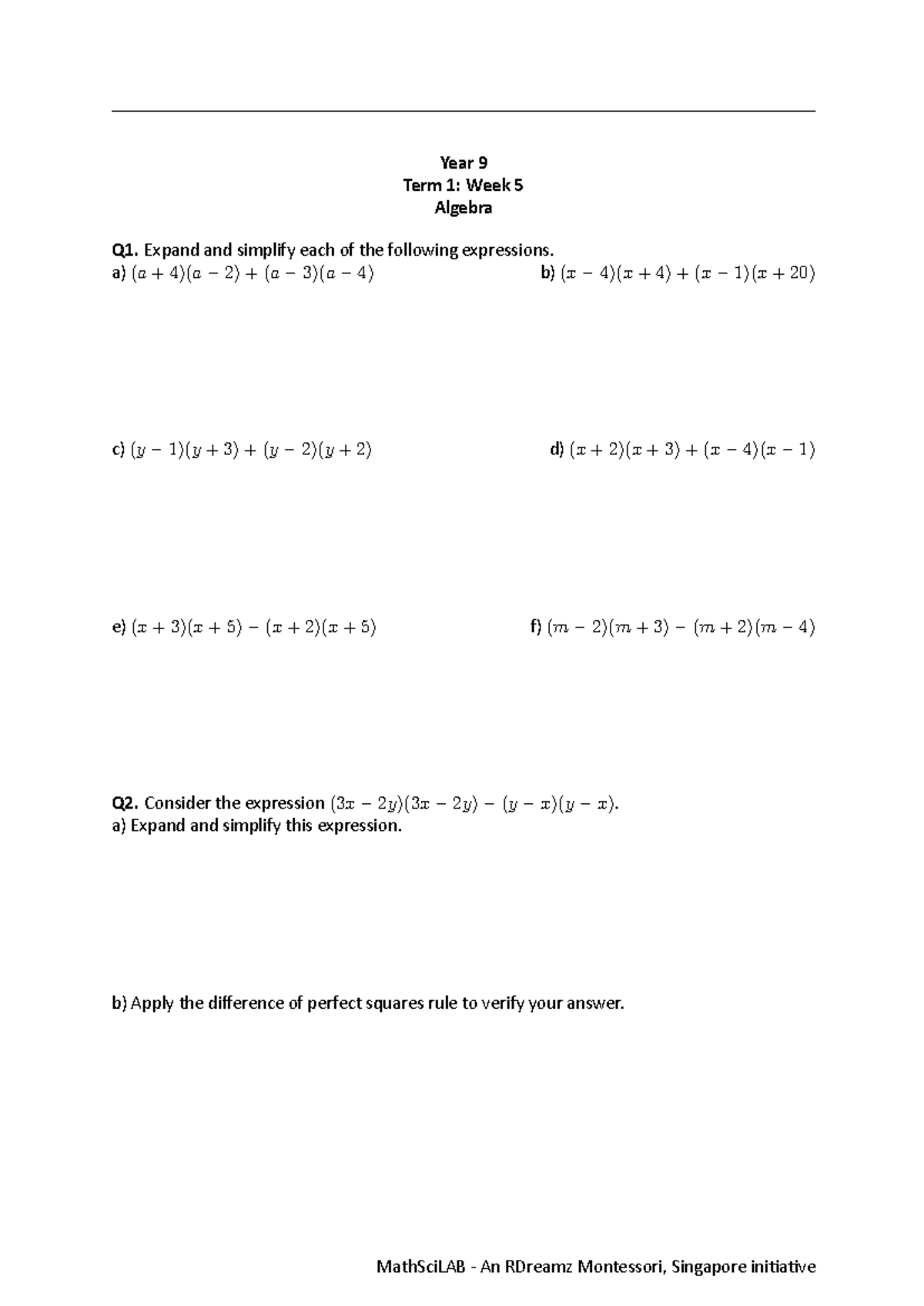 Year 9 Algebra Worksheet Term 1: Week 5 Exercises and Solutions - Studocu