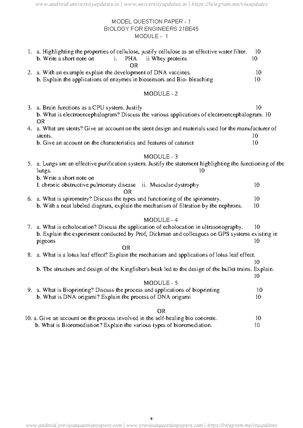 MODEL QUESTION PAPER 1: BIOLOGY FOR ENGINEERS 21BE45 - Studocu