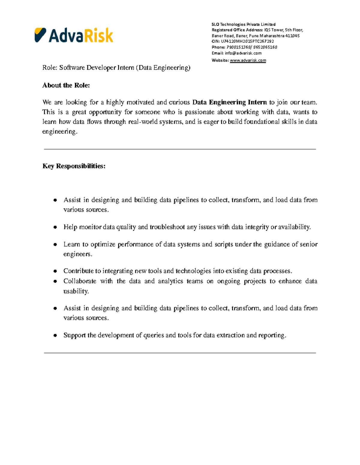 JD for Data Engineering Intern at SLO Technologies - Studocu