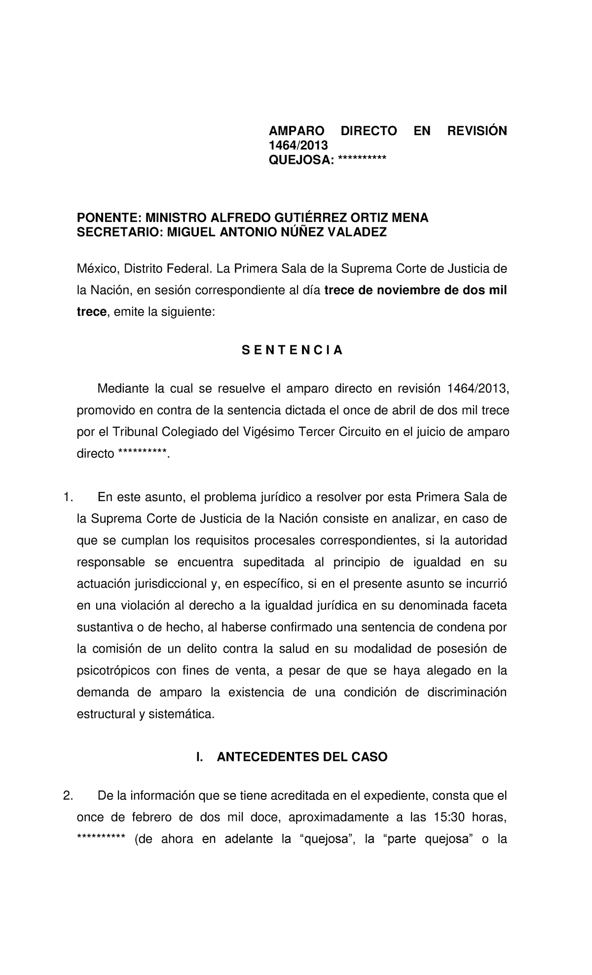 Sentencia de Amparo Directo en Revisión 1464/2013 sobre Igualdad ...