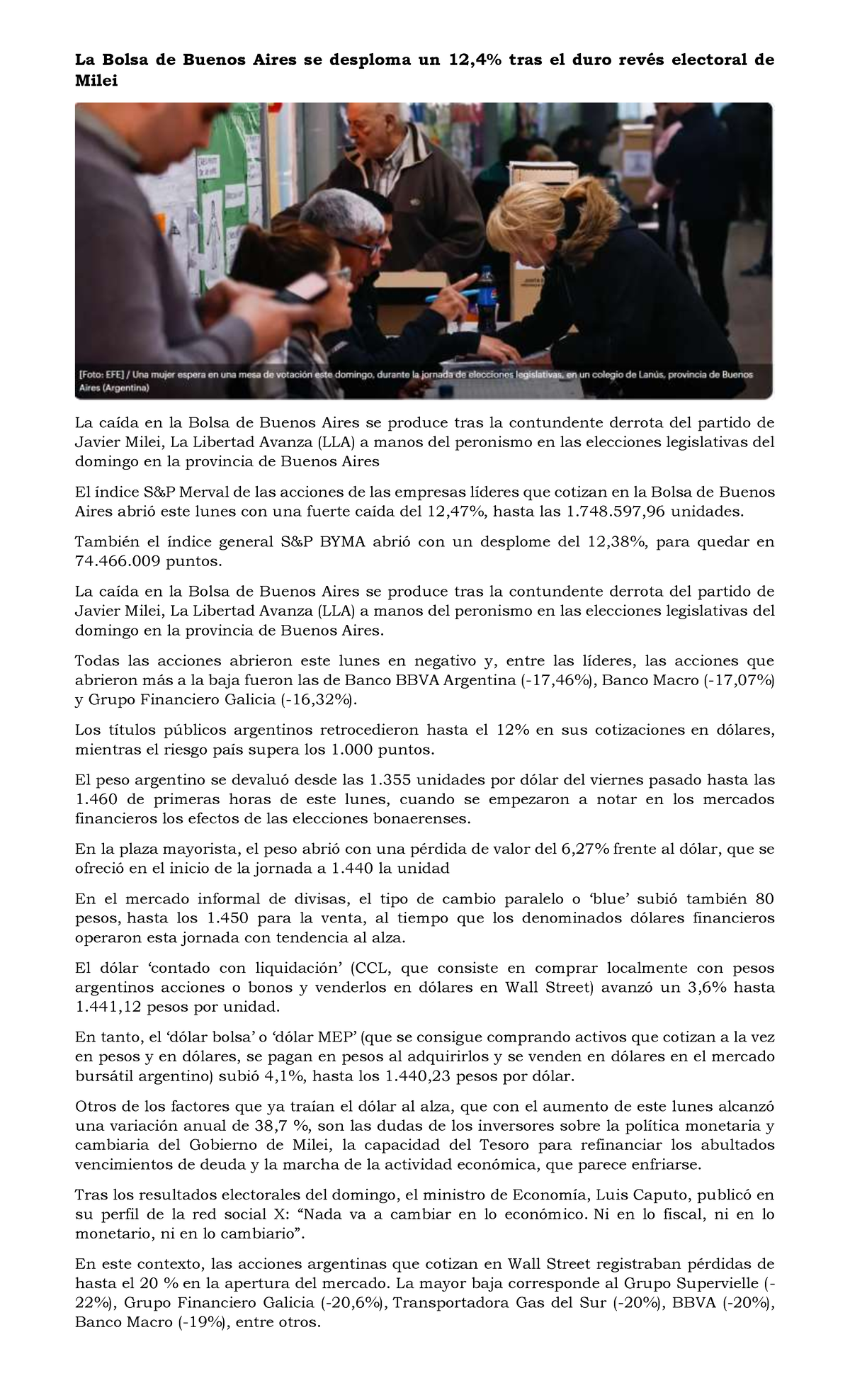 La Bolsa de Buenos Aires cae un 12,4% tras derrota de Milei - Studocu