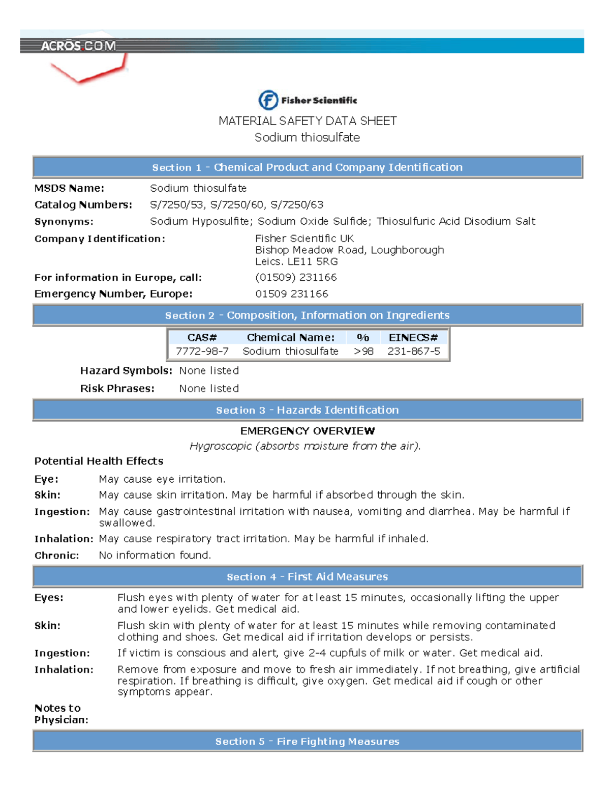 Sodium Thiosulfate - MSDS Documentation for Safety Guidelines - Studocu