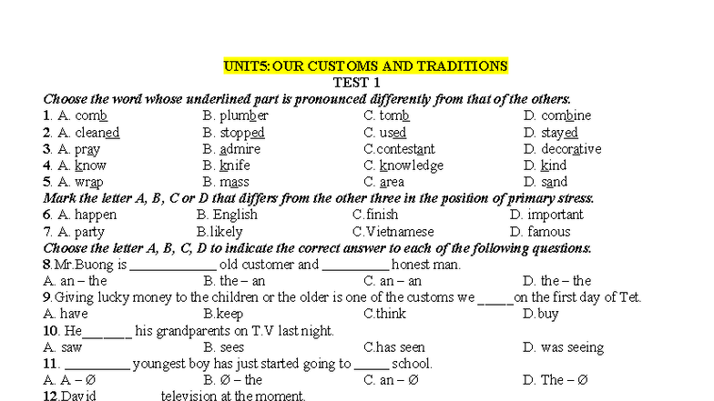 UNIT 5: OUR CUSTOMS AND TRADITIONS TEST 1 & 2 WITH ANSWERS - Studocu