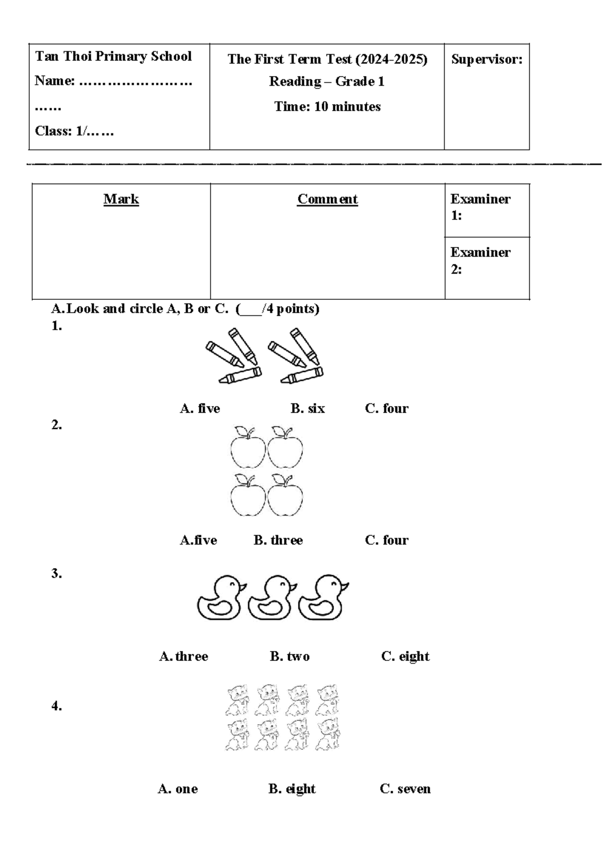 Lop1 de2 - English Test: First Term Assessment for Grade 1 - Studocu