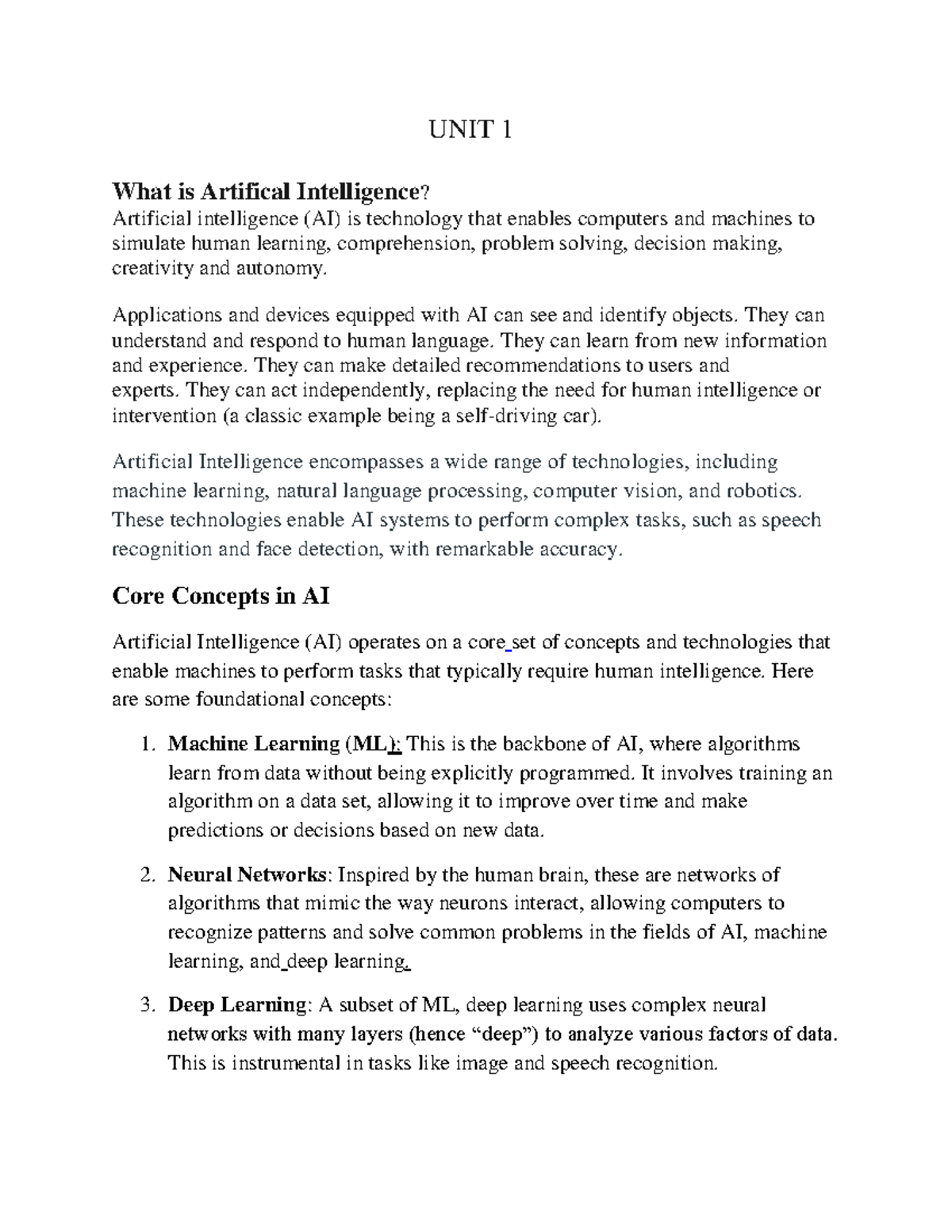 Artificial Intelligence: Core Concepts and Applications (UNIT 1) - Studocu
