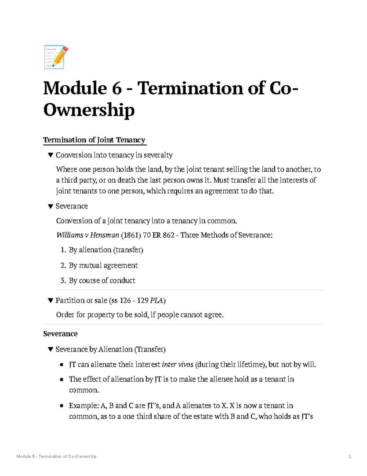 Module 6: Termination of Co-Ownership and Joint Tenancy Concepts - Studocu